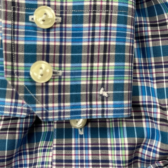 Eton Shirt Mens 43 17 Blue Purple Green Plaid Button‎ Down York 100% Cotton - Picture 10 of 10